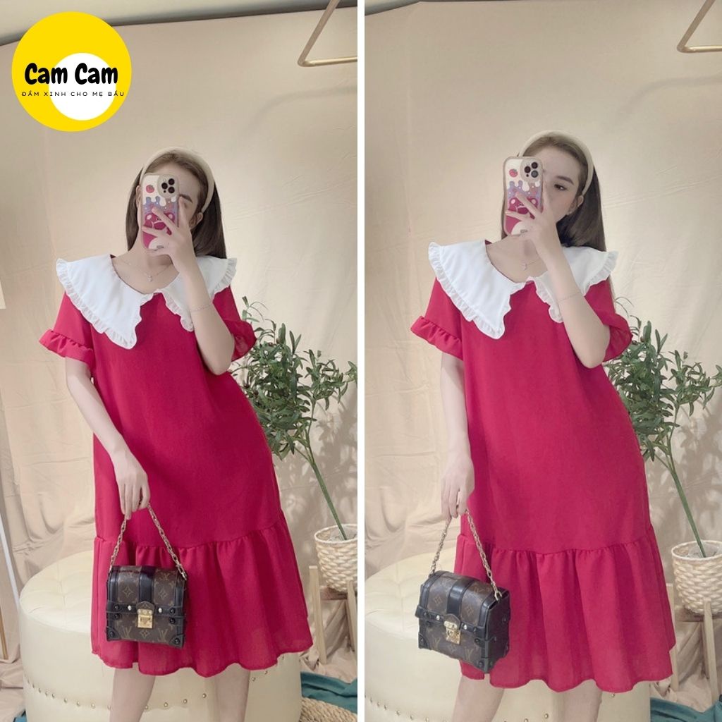 Váy bầu công sở siêu dễ thương chất liệu lụa hàn đỏ cổ trắng, tay bèo, đuôi tầng siêu dễ thương