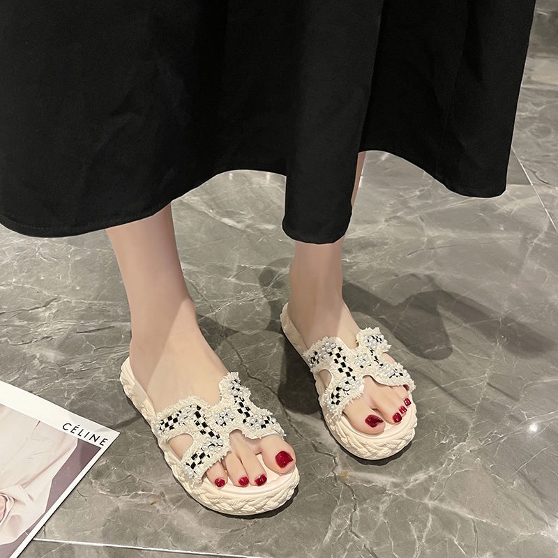 Dép bánh mì đế cao Dép đế xuồng Dép Sandal Đế Mềm Đính Ngọc Trai Thời Trang Mùa Hè 2022 Cho Nữ