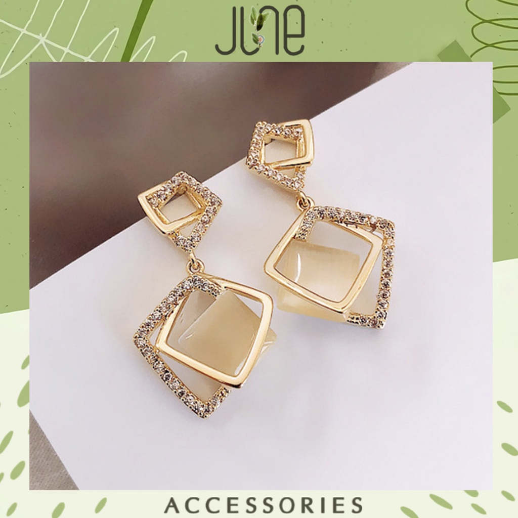 Bông tai nữ bạc s925 bông tai thả hình vuông đính đá sang trọng thời trang Hàn Quốc  June accessories
