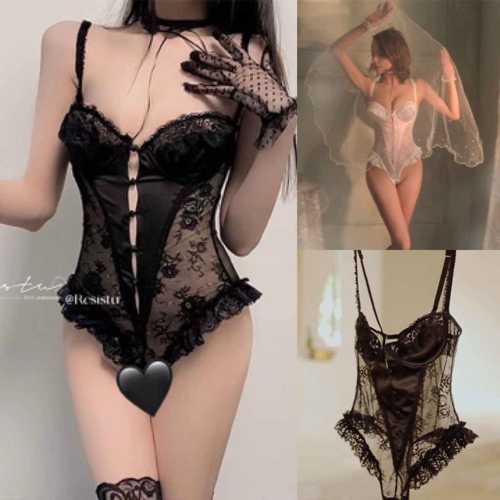 Áo liền thân nữ Bodysuit họa tiết chữ V có khuy cài ren hoa sexy