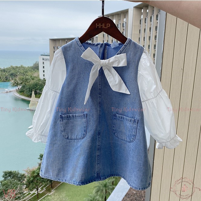 Váy Đầm Jean Dài Tay Nơ Ngực Cho Bé Gái Từ 9-17kg [V8]