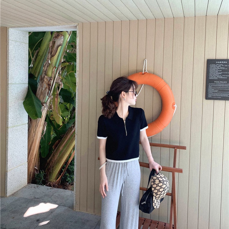 Áo thun IELGY tay ngắn cổ polo dệt kim thời trang cho nữ