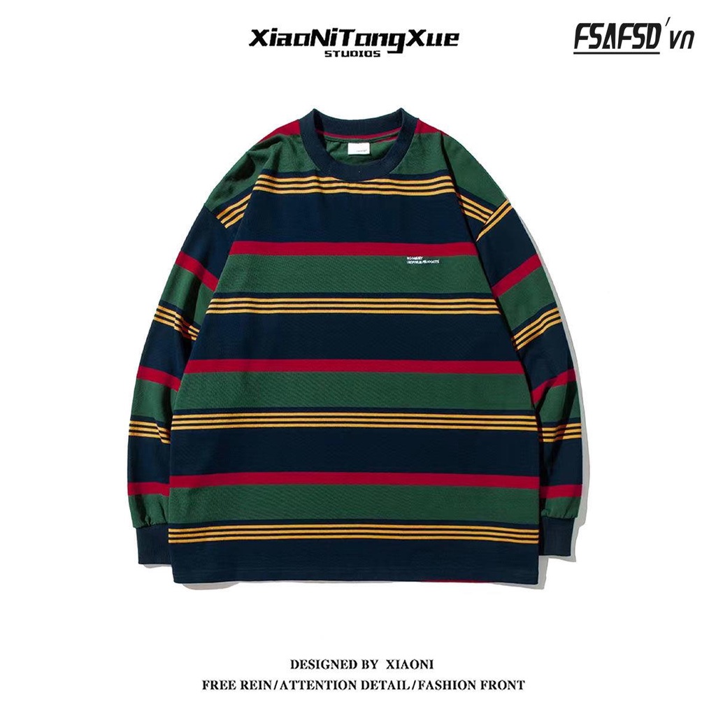 Áo Thun Tay Dài Dáng Rộng Họa Tiết Kẻ Sọc Phong Cách Retro Mỹ Thời Trang Cho Nữ