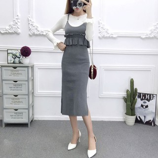 Váy len dài thắt eo xoè giữa hai dây