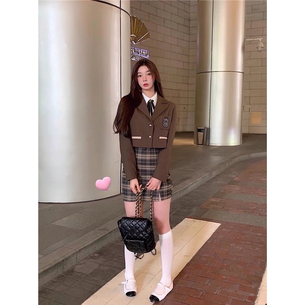 TKLIHN Set váy VEST nữ sinh HÀN QUỐC ulzzang áo khoác Blazer + chân váy kẻ caro retro 2021 | BigBuy360 - bigbuy360.vn