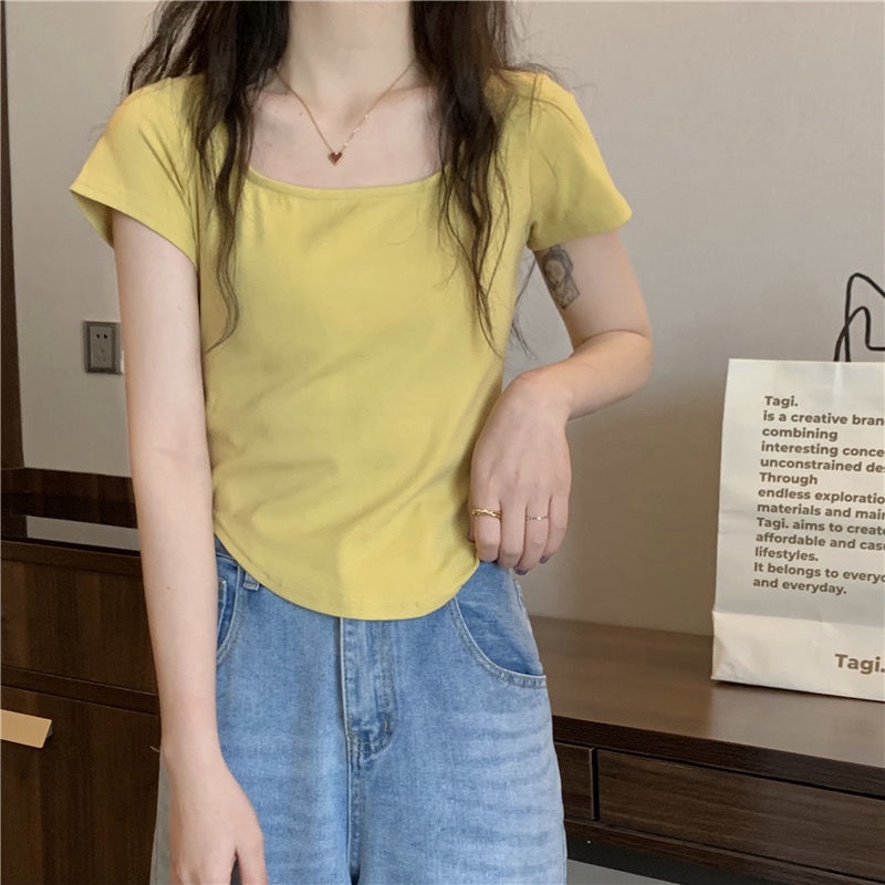 Áo Thun Tay Ngắn Dáng Ôm Màu Trơn Họa Tiết Kẻ Sọc Thời Trang Mùa Hè 2022 Mới Cho Nữ