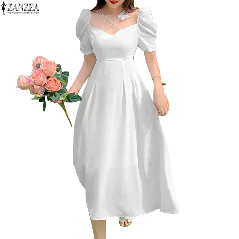 Đầm ZANZEA dáng dài tay phồng cổ vuông thời trang Hàn Quốc cho nữ