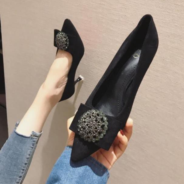 Giày cao gót mũi nhọn gắn nơ đá siêu đẹp cao 6cm