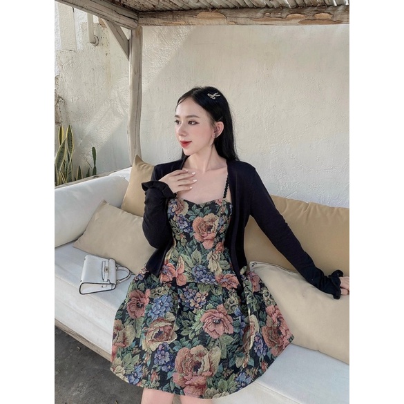 Set đầm bố 2s hoa dáng xoè có lót trong kèm áo cardigan đen ngoài 2 màu freesize Pumi