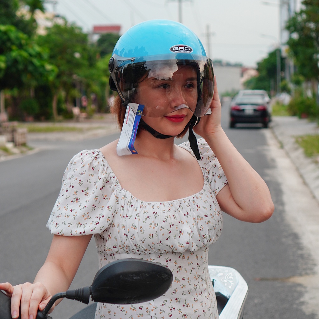 Mũ Bảo Hiểm Nửa Đầu GRO Helmet có kính che nửa mặt, kiểu dáng thời trang, khóa kim loại chắc chắn - Xanh Dương