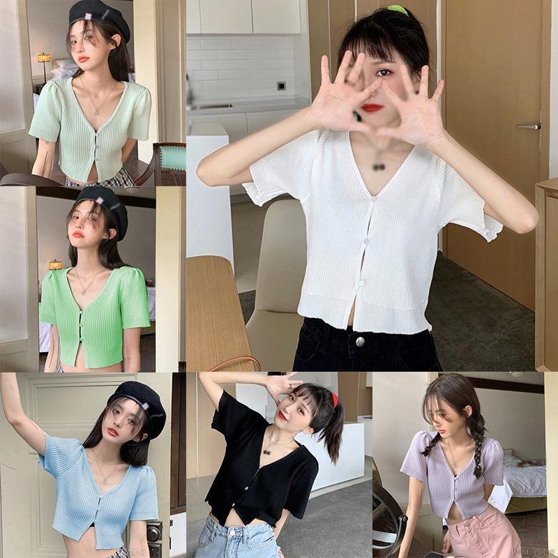 Áo Cardigan Dệt Kim Tay Ngắn Màu Sắc Đơn Giản Cho Phái Nữ | BigBuy360 - bigbuy360.vn
