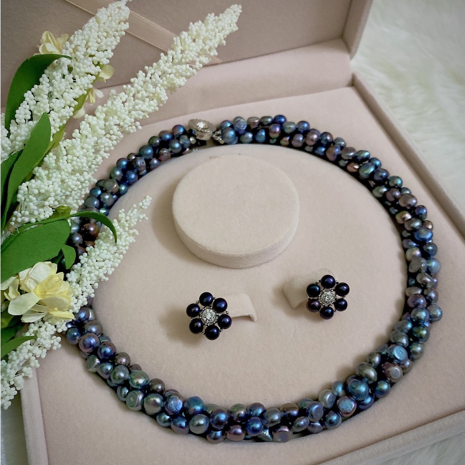 Bộ trang sức trai thật tự nhiên nuôi nước ngọt tết kiểu từ 3 dây đơn chung khóa gồm 3 món đã có hộp có bán lẻ món