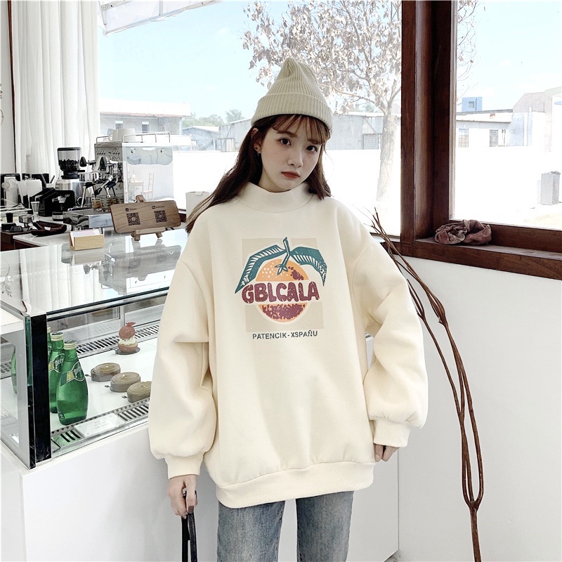 Áo Sweater Quả Cam Cute Form Rộng Tay Phồng Unisex, Áo Nỉ Cổ Cao Cute Hột Me Chất Nỉ Trần Bông Dày Dặn