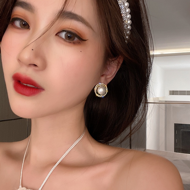 Bông tai mạ bạc S925 hình tròn đính ngọc trai thời trang