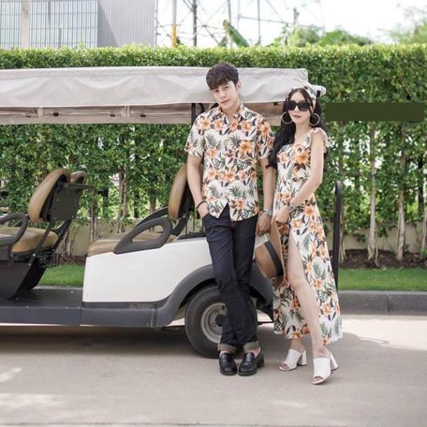 Set đồ đôi áo sơ mi nam váy nữ .