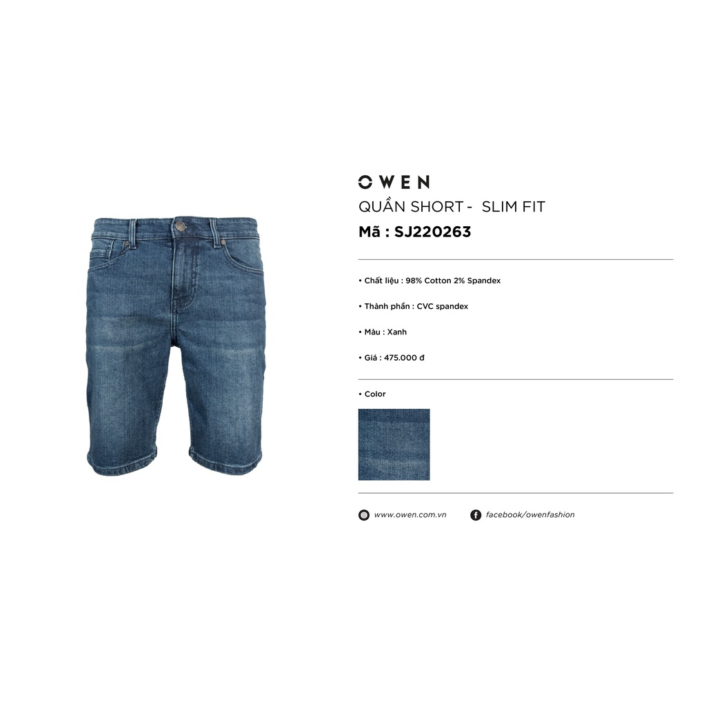Quần short jean nam hàng hiệu OWEN SJ220263 sóc đùi ngố bò màu xanh dáng slim fit ôm vừa vải denim cao cấp mềm mát