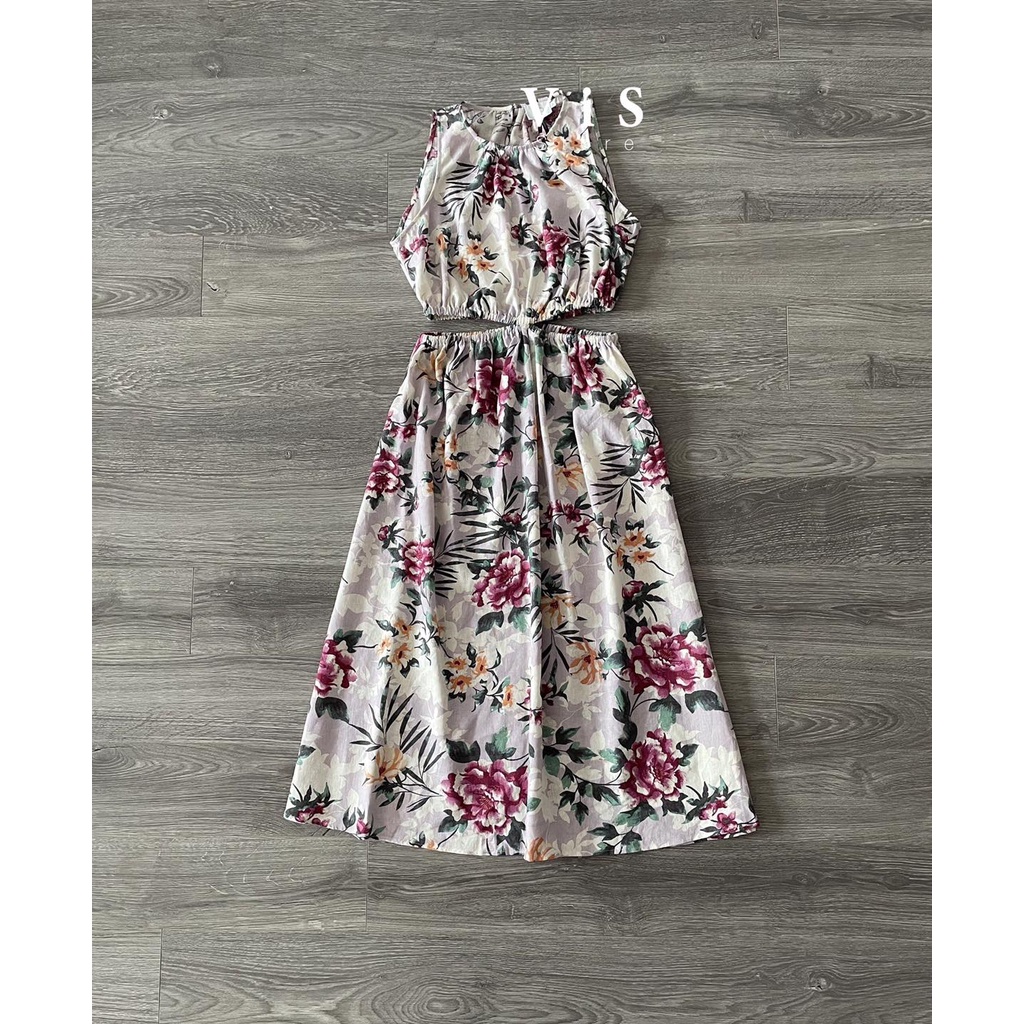 Đầm midi nữ hoa tím khoét eo