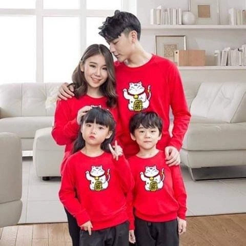Áo nỉ bông Mèo Thần Tài mặc tết ,  gia đình đủ size