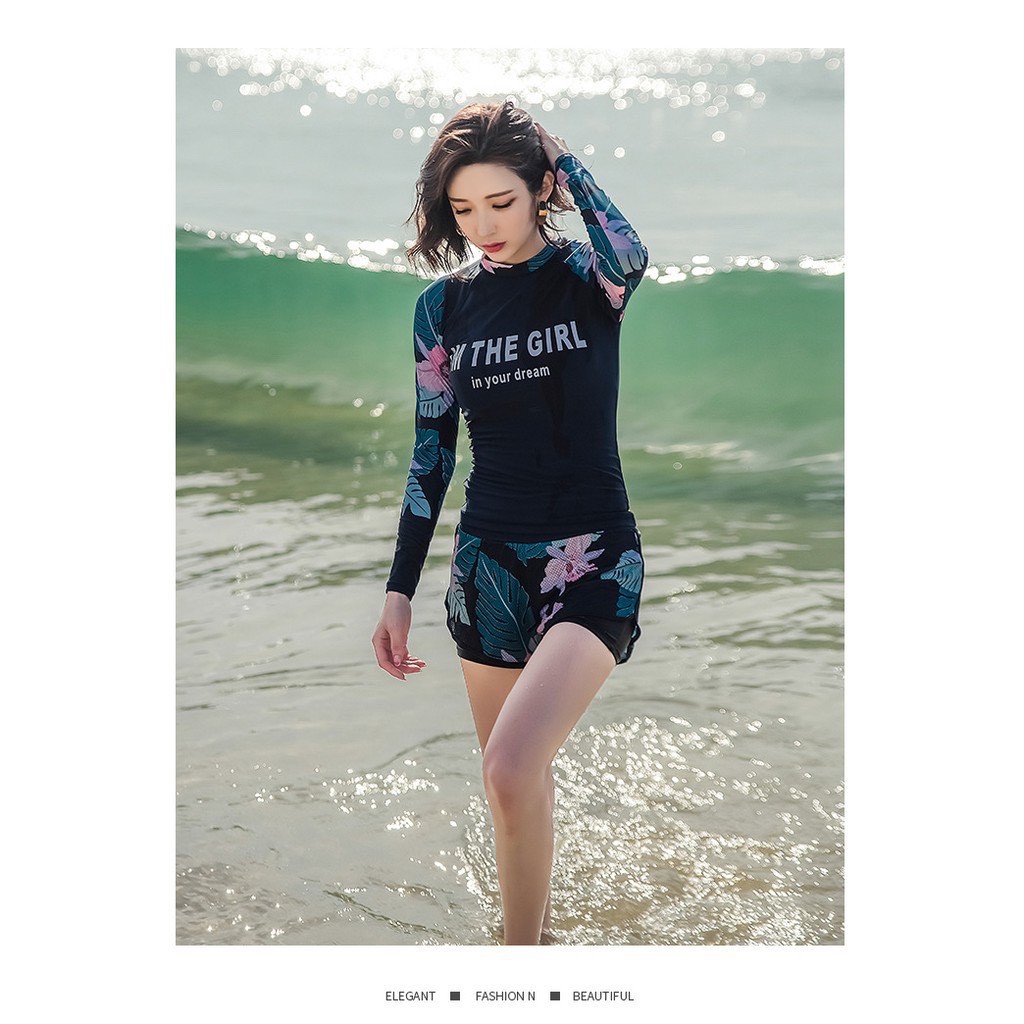Đồ bơi nữ đẹp dài tay kiểu quần 2 lớp phối bông cực xinh | BigBuy360 - bigbuy360.vn