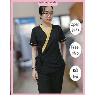 Đồng phục spa màu đen viền vàng