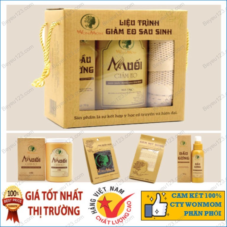 Combo Liệu trình giảm eo sau sinh Wonmom (1kg Muối , 1 Dầu gừng , 1 Gen nịt , 1 Đai quấn muối)