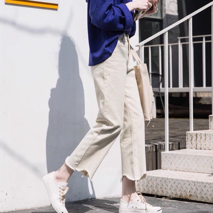 Quần jean dài cạp cao, quần jean ống đứng tua gấu phong cách_j18