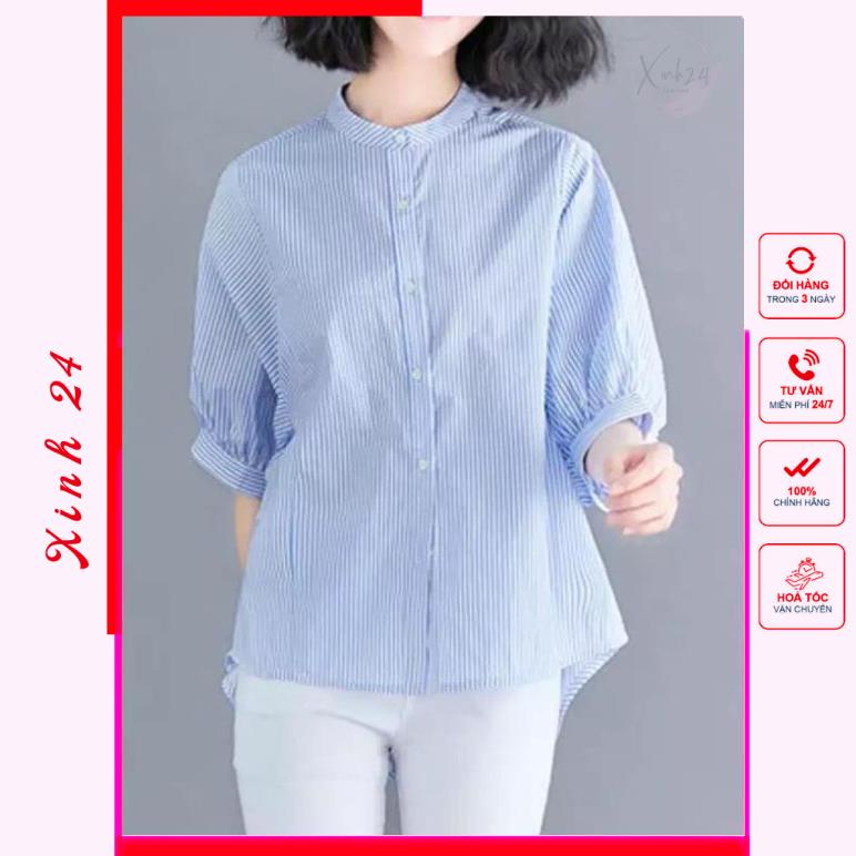 Áo Sơ Mi Tay Lỡ Dáng Suông, thiết kế kẻ sọc, họa tiết cá tính