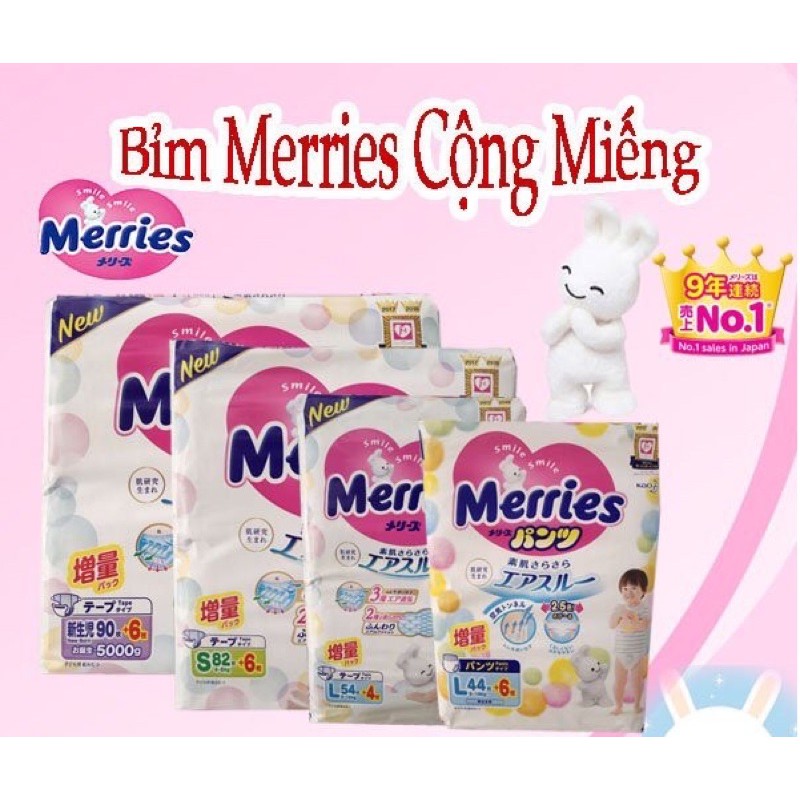 Bỉm Merries Cộng miếng Nội Địa/Nhập khẩu  dán/quần NB90+6 / S82+6 / M64+4 / L5+4 / M58+6 / L44+6 /+6.....