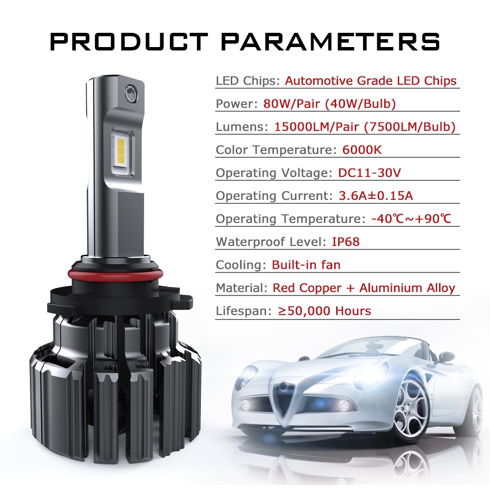 Novsight Set 2 đèn pha LED F03 H11 H4 H7 9005 9006 80W 6000K 15000LM dành cho xe hơi