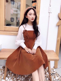 Sét yếm váy cột dây phối áo trắng