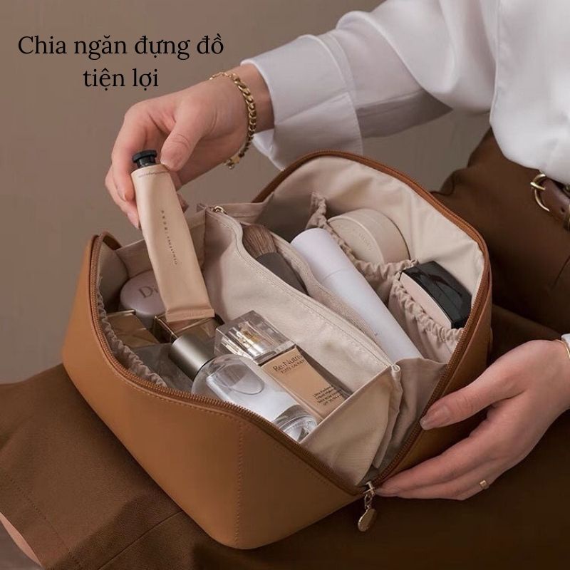 Túi đựng mỹ phẩm chia ngăn tiện lợi da trơn nhiều màu cầm tay nhỏ gọn tiện ích jumito
