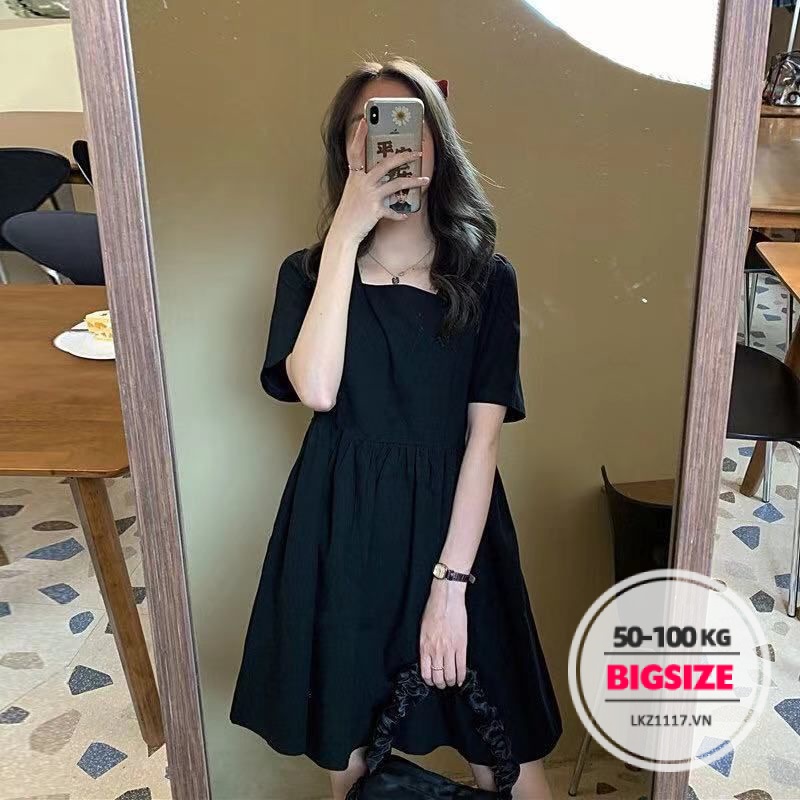 Đầm babydoll Bigsize Váy nữ dáng suông tay ngắn cổ vuông chữ a đen mùa hè Phong cách Hàn Quốc Thời Trang tiểu thư cá tính xinh đẹp cho người mập béo