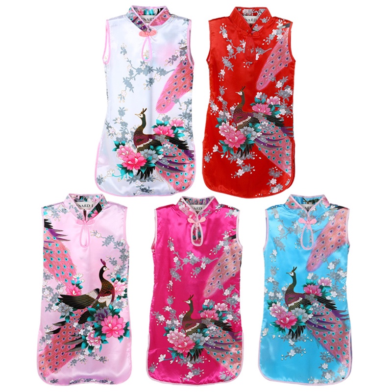 Đầm Sườn Xám Không Tay In Hình Chim Công Thời Trang Dành Cho Bé Gái