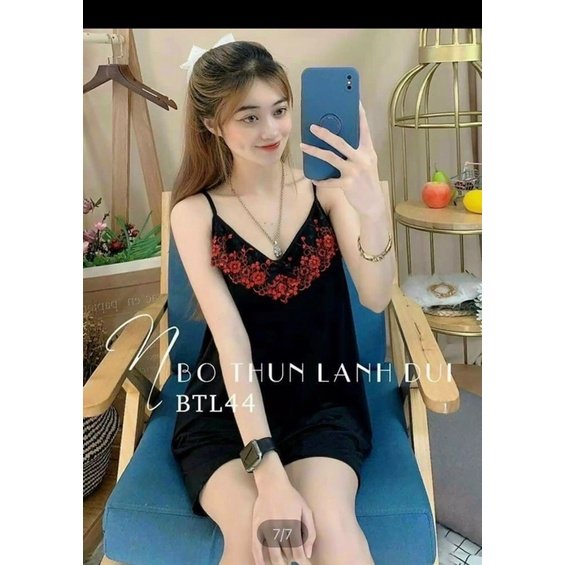 Đồ bộ nữ, bộ thun lạnh đùi 2 dây phối ren