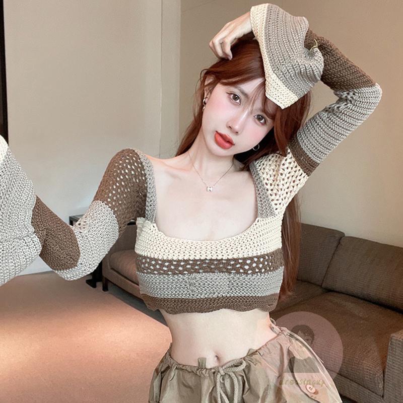 Áo Thun Dệt Kim Tay Dài Màu Sắc Tương Phản Thời Trang Cho Nữ