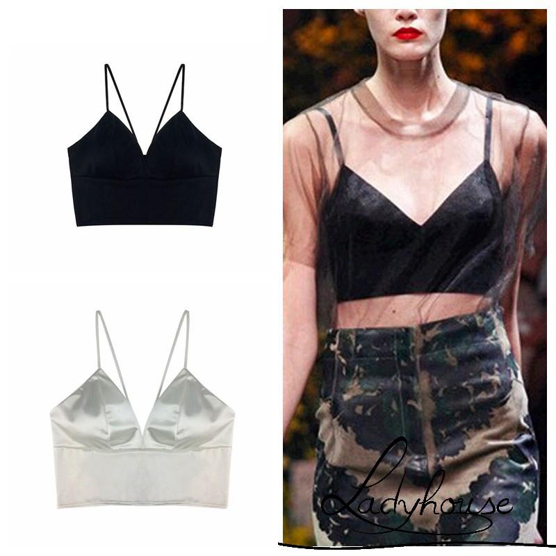 Áo Croptop Hai Dây Bằng Satin Màu Sắc Trơn Quyến Rũ Cho Nữ