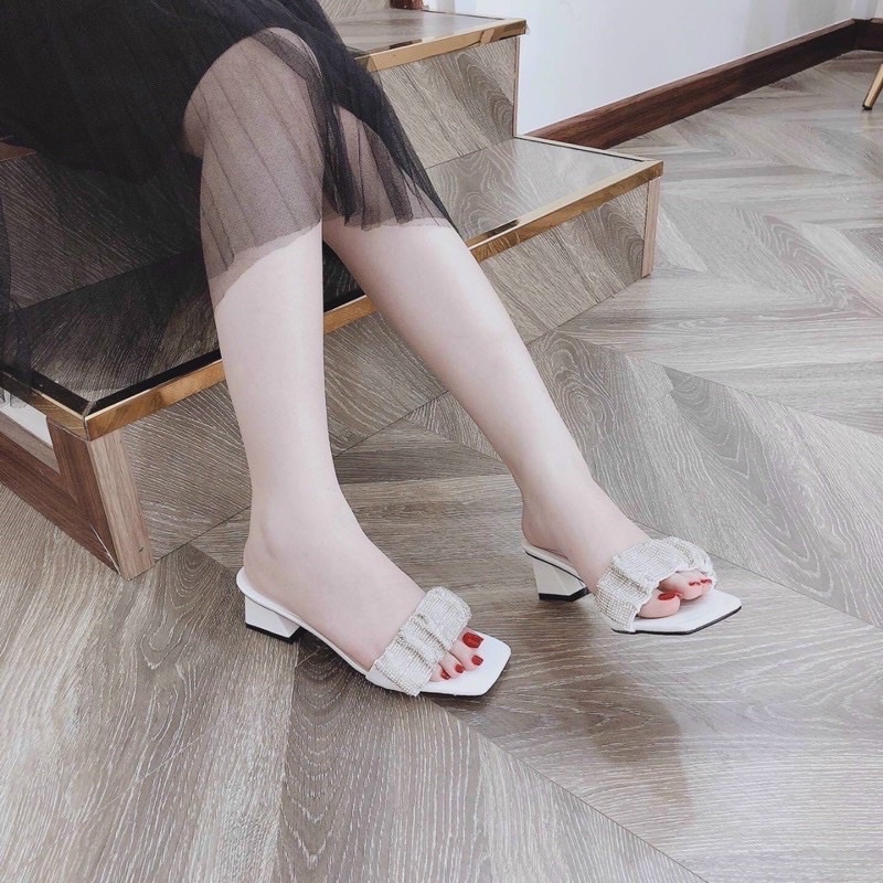 Dép guốc quai nhún đá full gót vuông 4p dễ đi hàng đẹp