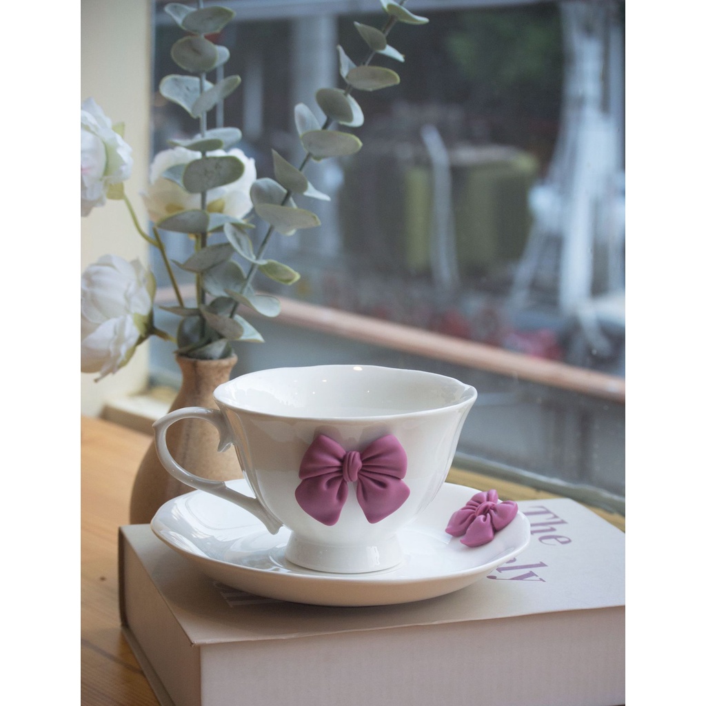 Bộ Tách Uống Trà/Cà Phê Bằng Gốm Sứ Họa Tiết Hoa Và Nơ Phong Cách Bắc Âu