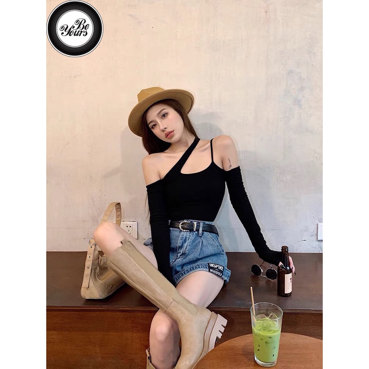 Áo Croptop 2 Dây Hở Vai 1 Bên Bigsize Dài Tay May Hai Lớp Chất Borib 2 Chiều Co Dãn "QUÂY XÉO TD"