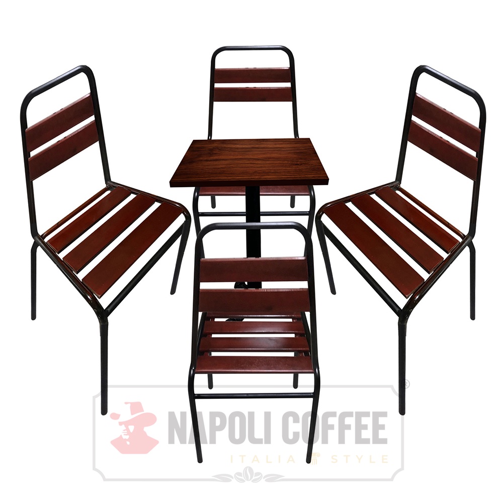 Bộ bàn ghế cao cấp Napoli 1 bàn nhỏ và 4 ghế gỗ chân sắt có lưng tựa thoáng mát ( thấp)