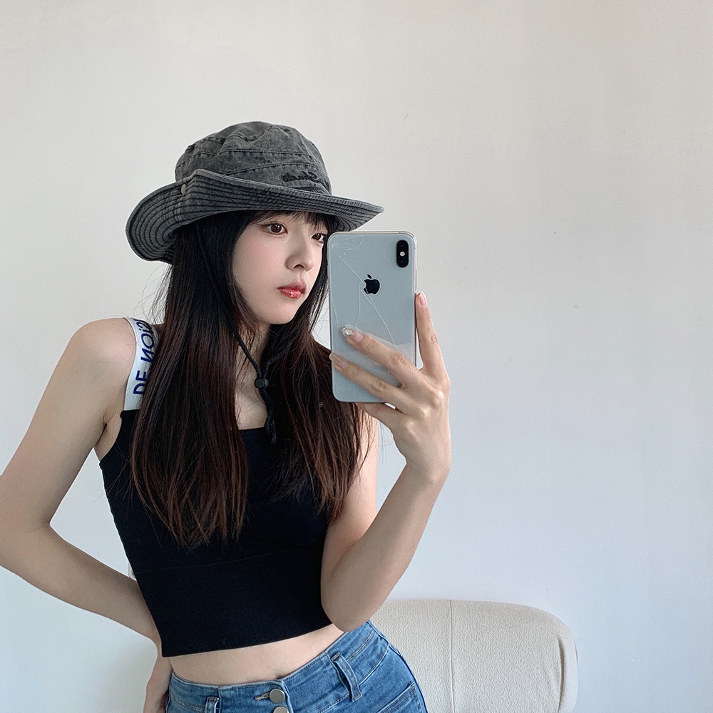 Mũ tai bèo giặt mài chống nắng ngoài trời có dây rút phong cách cao bồi phương Tây cổ điển dễ phối đồ cho nữ