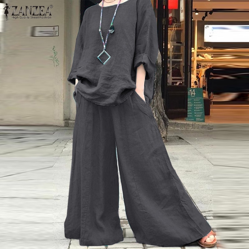 Set đồ ZANZEA gồm áo cổ tròn dài tay và quần dài lưng thun ống rộng thời trang cho nữ