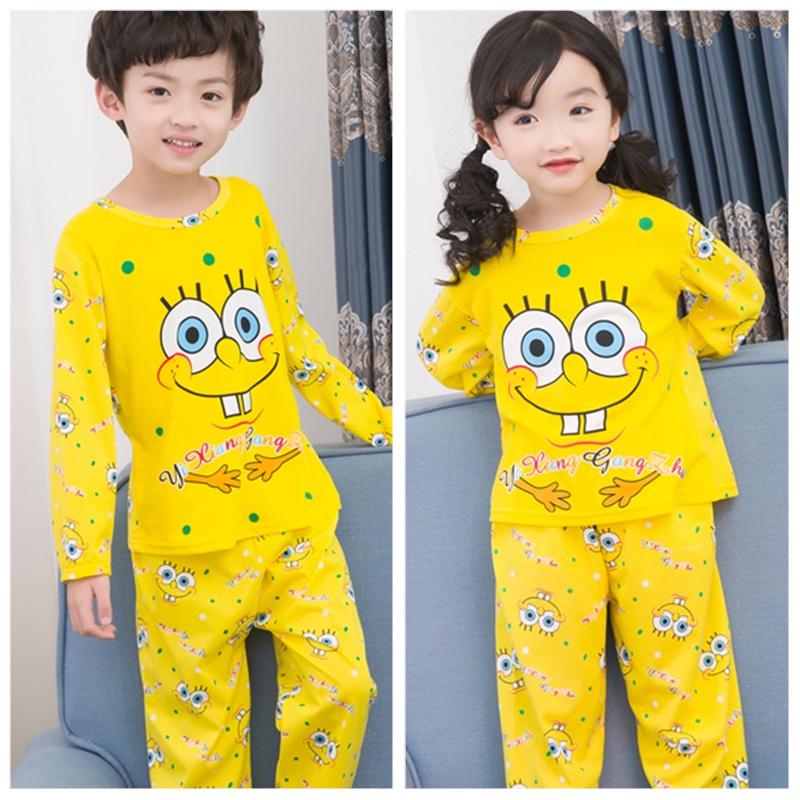 Set quần áo ngủ bé trai tay dài cổ tròn thoải mái in họa tiết hoạt hình thời trang mùa hè