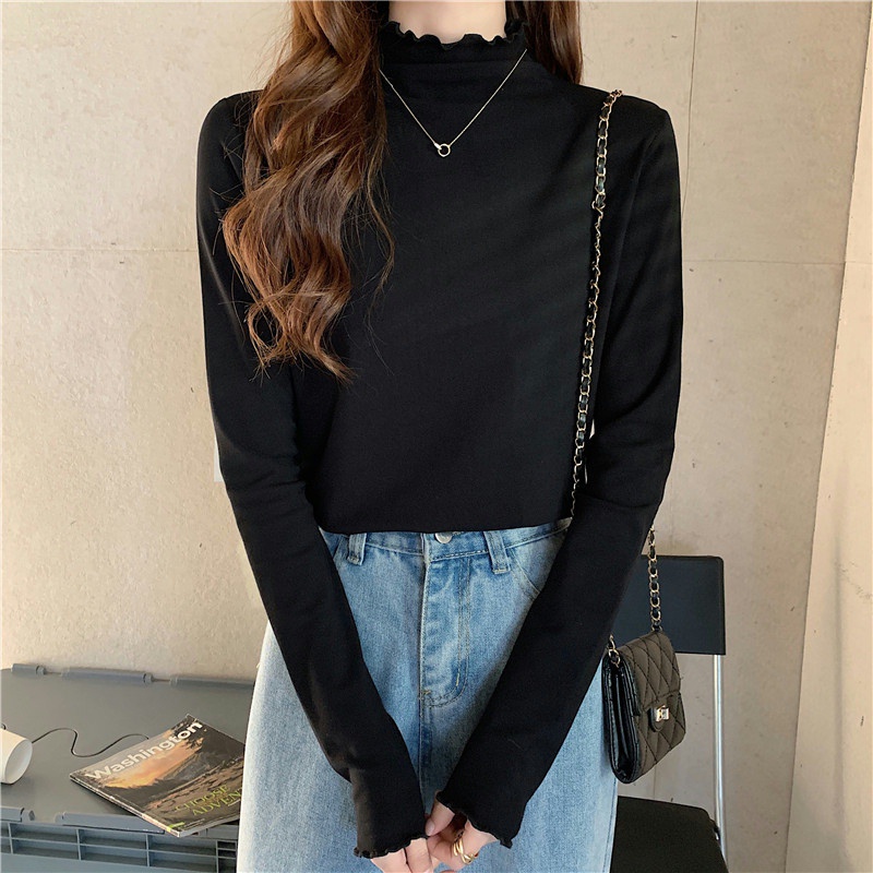 Áo Thun Tay Dài Cổ Cao Màu Sắc Đơn Giản Cho Nữ