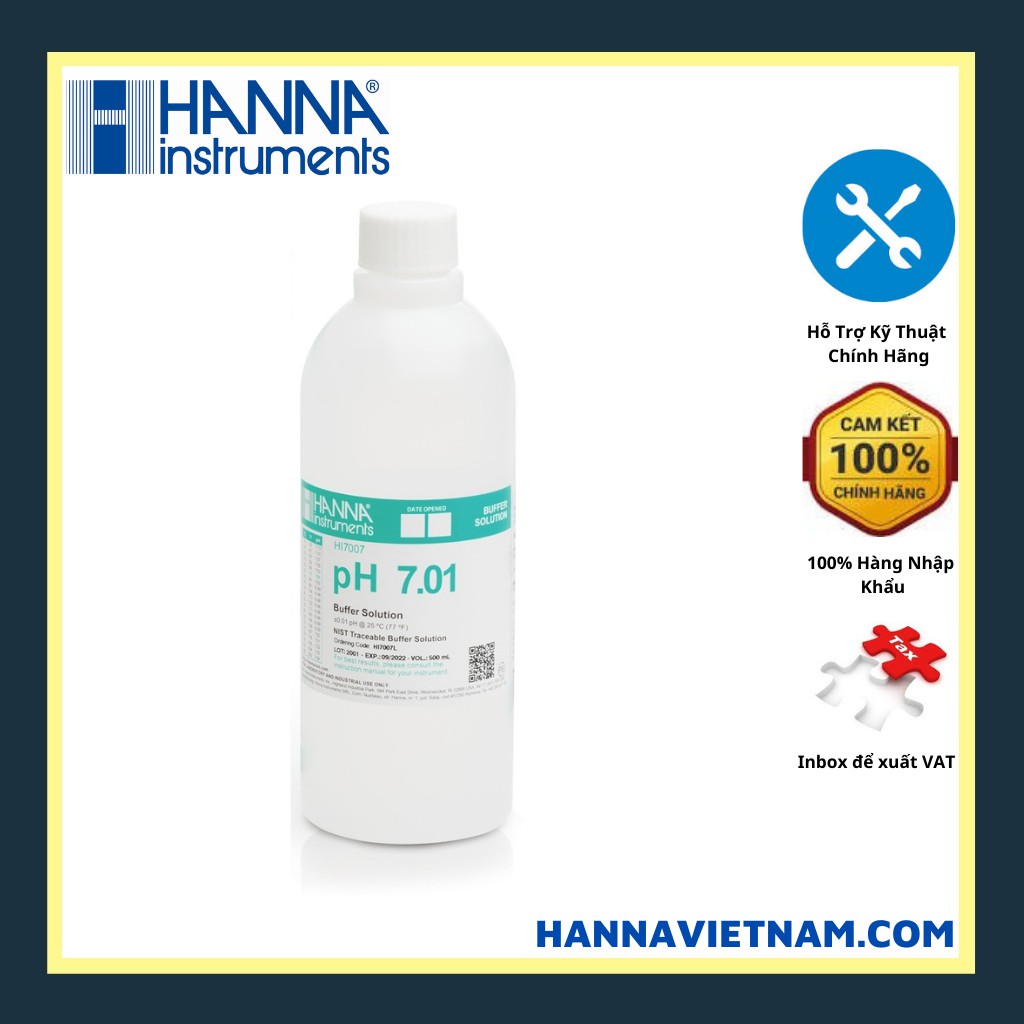 DUNG DỊCH CHUẨN NIST pH7.01 ĐỂ KIỂM TRA/HIỆU CHUẨN LẠI BẤT KỲ MÁY ĐO pH, 500ML, HANNA HI7007L KÈM CHỨNG NHẬN COA, MSDS