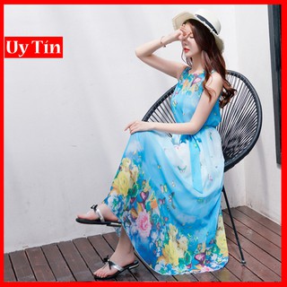 Đầm maxi voan hoa bướm kèm dây thắt lưng DX01 - Đầm maxi đi biển, đi dạo phố