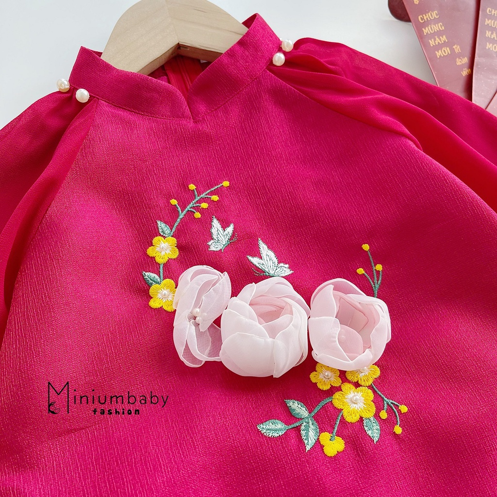 Set bộ áo dài cho bé gái, mẫu thiết kế áo dài cách tân họa tiết hoa mẫu đơn cho bé  MINIUMBABYFASHION AD1121