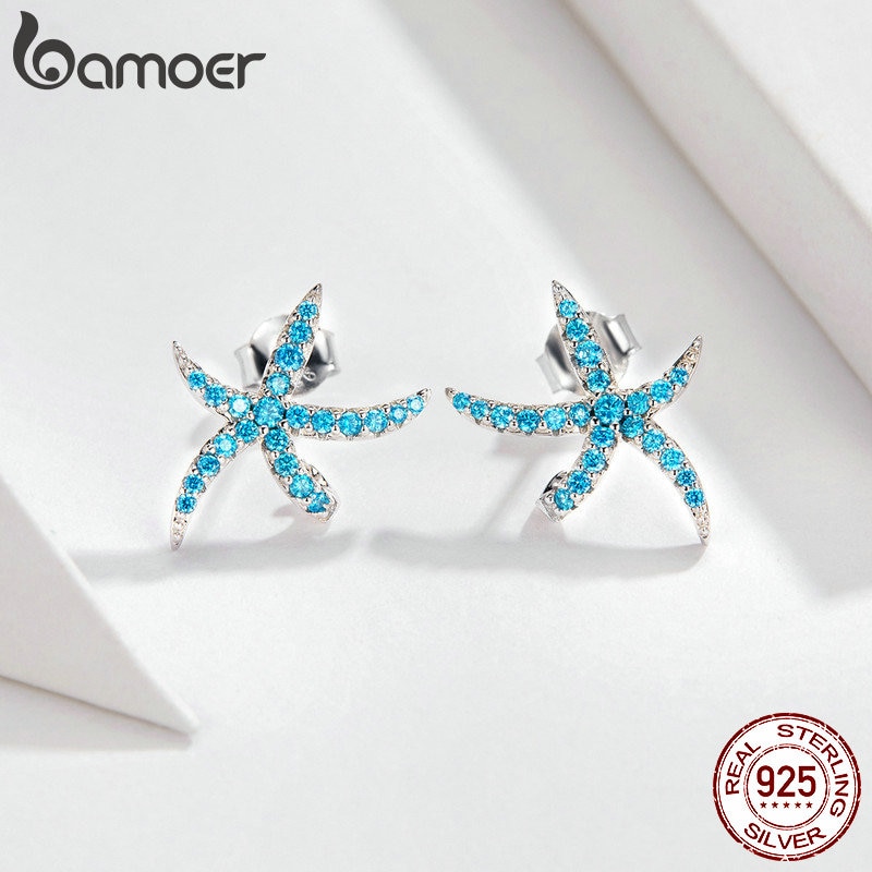 Khuyên tai Bamoer BSE136 bằng bạc 925 màu xanh dương thời trang hàn quốc