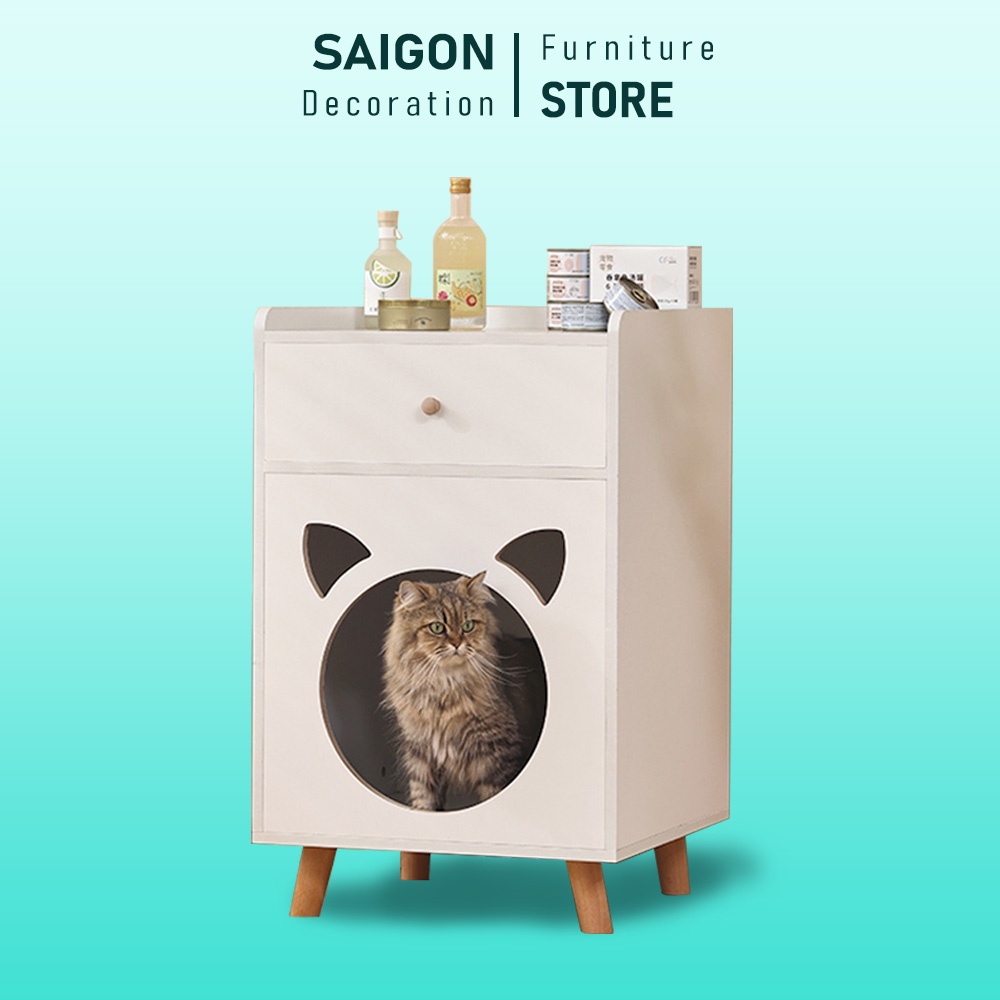 Nhà cho chó mèo kết hợp kệ gỗ đa năng, chân gỗ phong cách hiện đại – SGP195