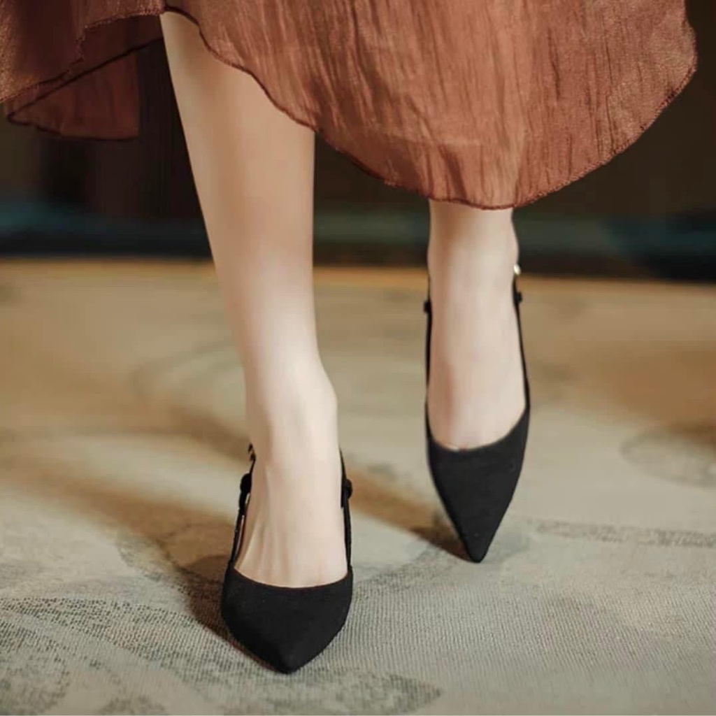 GIÀY SANDAL BÍT MŨI CÔNG SỞ MŨI NHỌN GÓT TRỤ 5P QUAI HẬU CHẤT LỤA BÓNG HOT HIT- ẢNH CHỤP THẬT